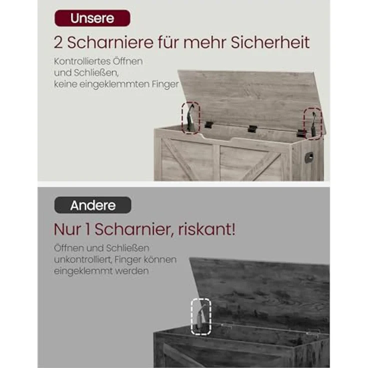 VASAGLE Schuhbank, Sitzbank mit Stauraum, Sitztruhe, 2 Sicherheitsscharniere, Aufbewahrungsschrank, Landhausstil, 40 x 100 x 46 cm, für Flur, Schlafzimmer, Wohnzimmer, Greige meliert LSB060K03 – Bild 7