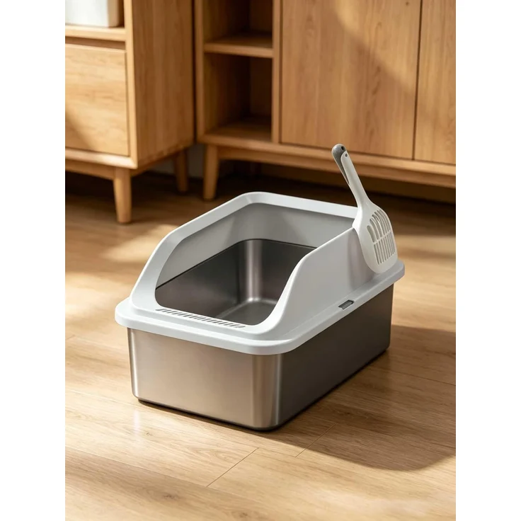 FEANDREA Edelstahl Katzenklo XXL Offen mit Hohem Rand und Spritzschutz 51 x 36 x 26 cm Grau – Bild 2