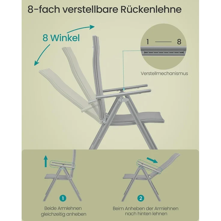 SONGMICS Gartenstuhl-Set 2-tlg., klappbar mit 8-fach verstellbarer Rückenlehne, Aluminiumgestell grau, bis 150 kg belastbar – Bild 5