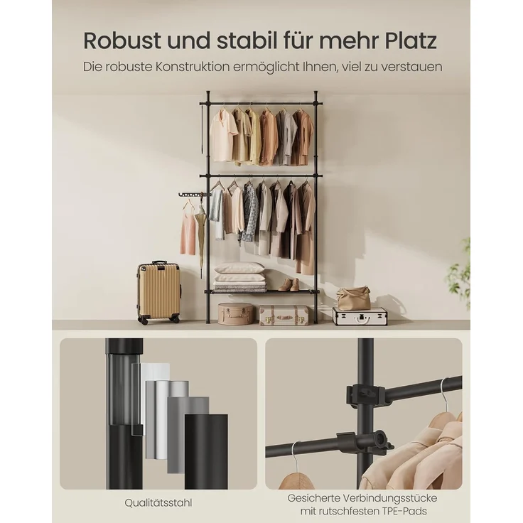 SONGMICS Teleskopstange Kleiderständer, 3-stufige Garderobe, höhen- und breitenverstellbar, offener Kleiderschrank mit 2 Kleiderstangen und abnehmbarer Ablage, Greifarm, mattschwarz HSR136B01 – Bild 5
