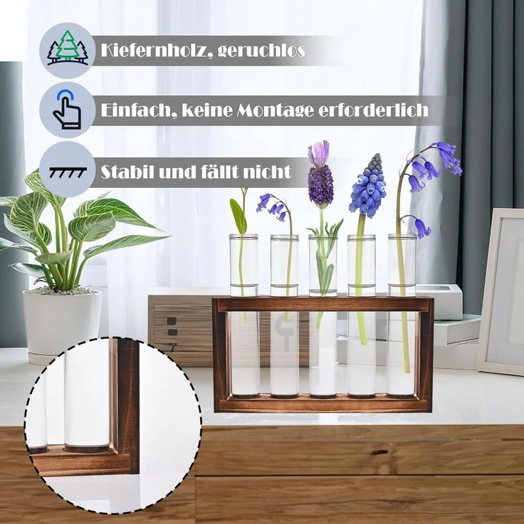 Cieex Reagenzgläser Blumenvase Set mit Holzständer - Moderne Vasen Deko für – Bild 3