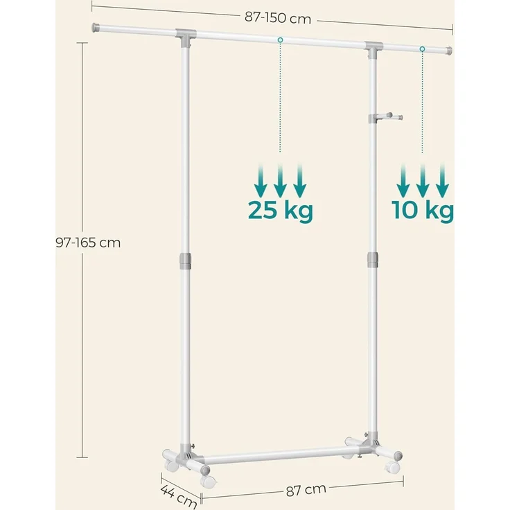 SONGMICS Kleiderständer auf Rollen, Kleiderstange, höhenverstellbar zwischen 97 und 165 cm, ausziehbare Garderobenstange, Garderobenständer, seitliche Haken für Accessoires, weiß LLR001W01 – Bild 4