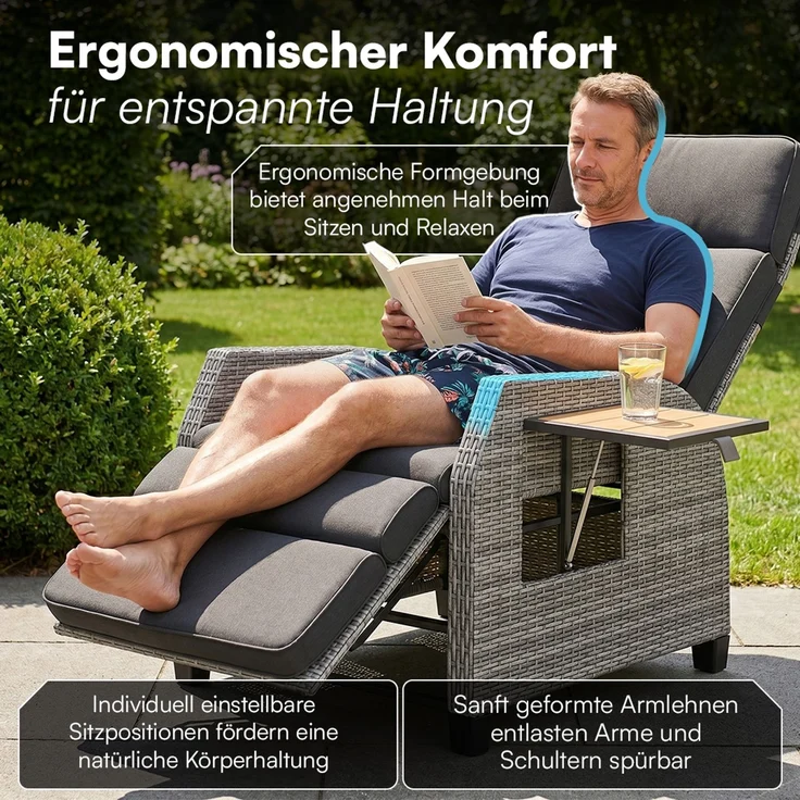 STEELSØN 'Caelum' Polyrattan Sessel mit Liegefunktion, grau-meliert/Akazie, verstellbare Rückenlehne, inkl. Polster, Ausklapptisch, wetterfest – Bild 7