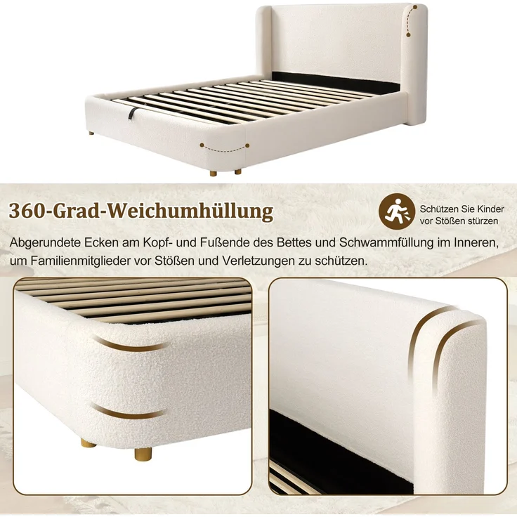 Polsterbett mit Liegefläche 140×200 cm, hydraulischem Bettkasten und abgerundeten Ecken, Beige, ohne Matratze – Bild 6