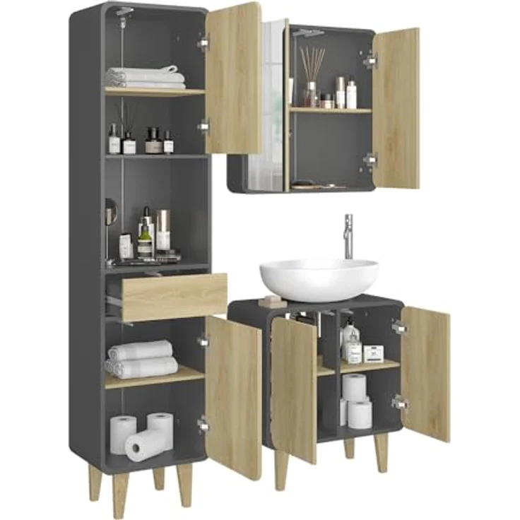 Vichy Badmöbel-Set Arla, 3-teilig, Anthrazit/Eiche mit Hochschrank und integriertem Spiegelschrank mit Beleuchtung – Bild 7