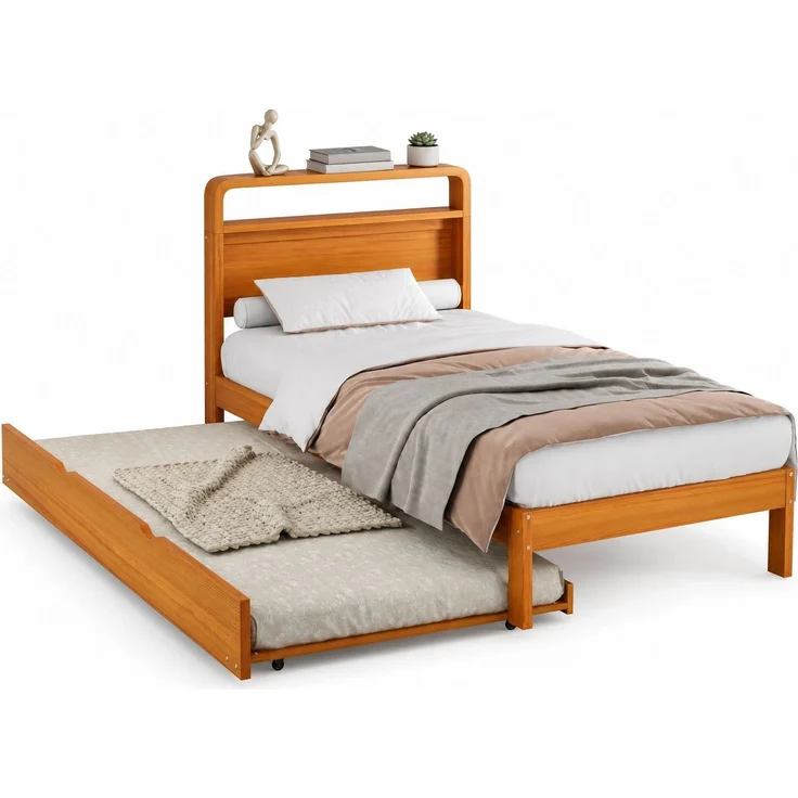 CHICFURN Ausziehbett Holz Natur 90x200 cm mit Gästebett 90x190 cm, links/rechts montierbar – Bild 7
