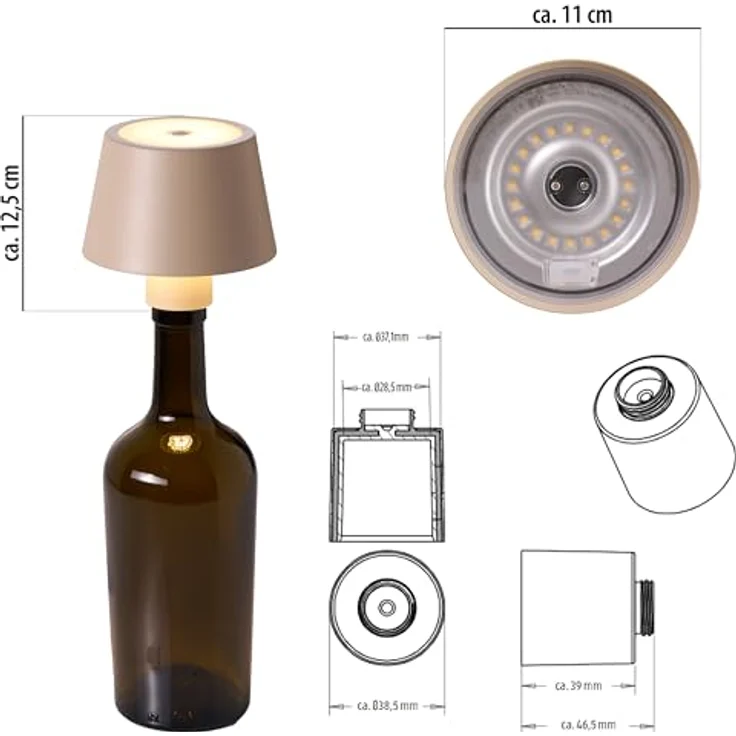 Northpoint LED Akku Tischlampe Flaschenlampe mit Touchsensor, warmweißes Licht (3000K), beige, stufenlos dimmbar, IP54, USB-C Ladeanschluss – Bild 2