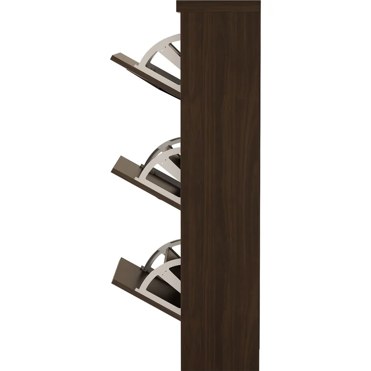 Schuhschrank, Holzoptik mit Rattan-Dekor & 3 Klappfächern, 54x25x115 cm, Walnussfarbe – Bild 8