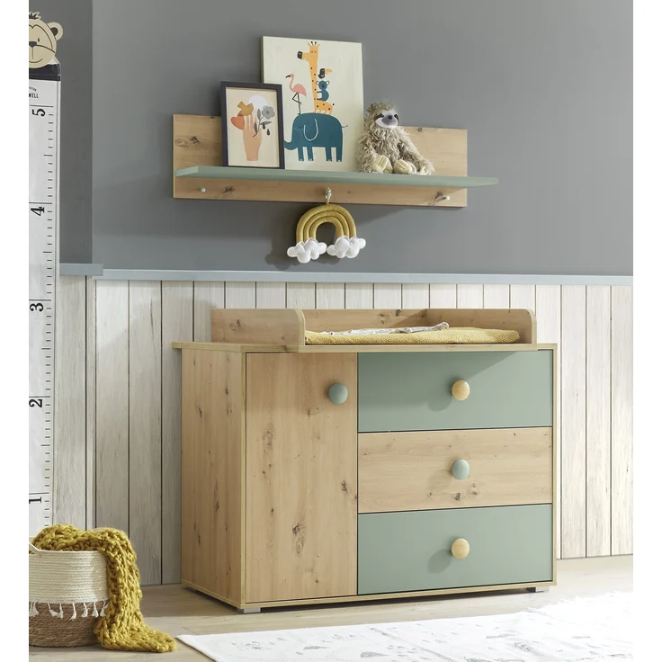 Wandboard >Birta< 3 Haken, Ablage, Artisan Eiche Dekor / Salbei - 120x30x25,5cm (BxHxT) – Bild 6