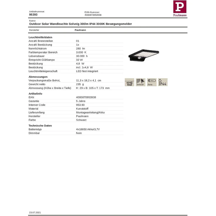 Paulmann 95393 Solar LED Außenwandleuchte Solveig schwarz IP44 3000K – Bild 16