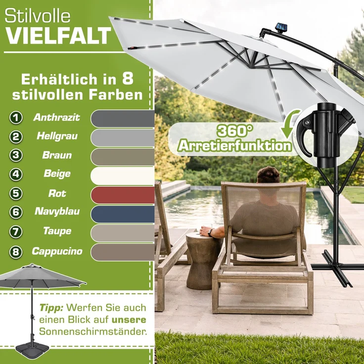 tillvex Alu Ampelschirm Grau LED Solar Ø 300 cm mit Kurbel | Sonnenschirm mit An-/Ausschalter | Gartenschirm UV-Schutz Aluminium | Kurbelschirm mit Ständer Marktschirm wasserdicht – Bild 5