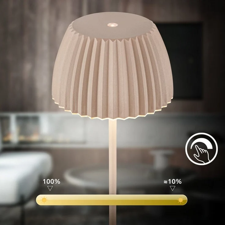 BRILONER - Riffle LED Tischlampe kabellos IP44 mit Lichtkante, 14,5x36,5 cm, Touchdimmer, Akku tauschbar, Nachttischlampe, Leselampe, LED Lampe, Akku Lampe, German Design Award Winner 2025, Beige – Bild 3
