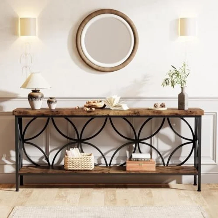 LITTLE TREE Sofatisch, 160 cm großer Industrie-Couchtisch hinter dem Sofatisch mit Aufbewahrungsregalen, schmaler Langer Konsolentisch für den Eingangsbereich, Wohnzimmer, Foyer, Flur, Büro – Bild 5