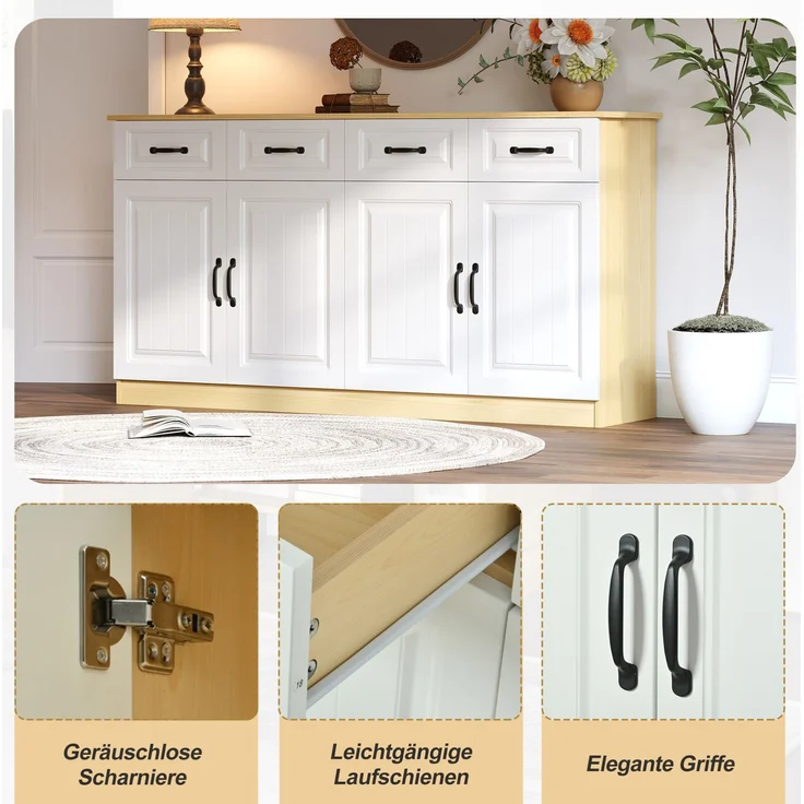 DESVIAE Sideboard mit 4 Schubladen und 4 Türen 160x80x35 cm MDF Weiß/Naturholzfarbe – Bild 4