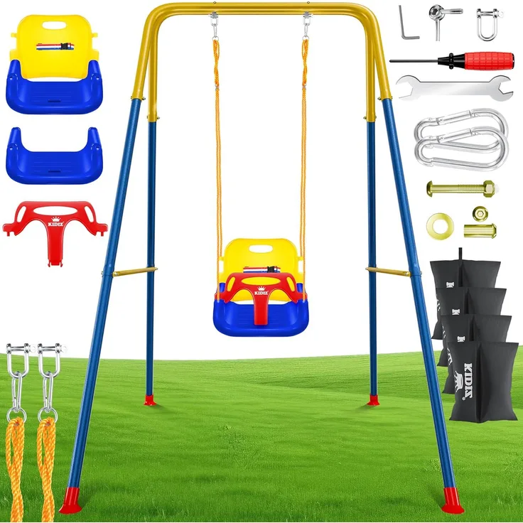 KIDIZ® Babyschaukel mit Gestell 3in1 Kinderschaukel mitwachsend für Babys ab 6 Monate & Kinder bis 10 Jahre für drinnen & draußen, bis 100kg belastbar, Schaukelgestell inkl. 4 Sandsäcke 5kg auffüllbar Bunt