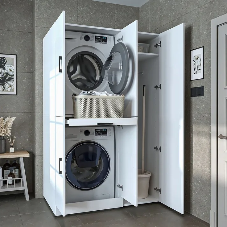 Roomart Waschmaschinenumbauschrank DORA Waschküche 115 cm mit Hochschrank, Soft-Close, 4 Farben (Waschmaschinenschrank DORA für Trockner & Waschmaschine in 4 Farben) Soft-Close-Türen, Vollauszug, 130kg Belastbarkeit, 4 Farben