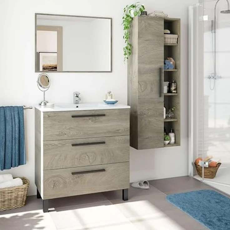 ARKITMOBEL, Waschbeckenunterschrank mit 3 Schubladen & Spiegel – Badezimmermodul mit Füßen in Eiche Alaska, modernes Badmöbel, Maße: 80 x 86 x 45 cm (B x H x T), Modell Athena (ohne Waschbecken) – Bild 7