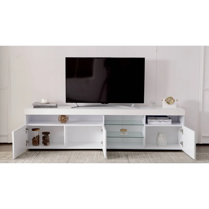 TV-Schrank 180 cm mit LED-Beleuchtung, Lowboard Sideboard Medienmöbel in Weiß Hochglanz mit Glaslaminat – Bild 3