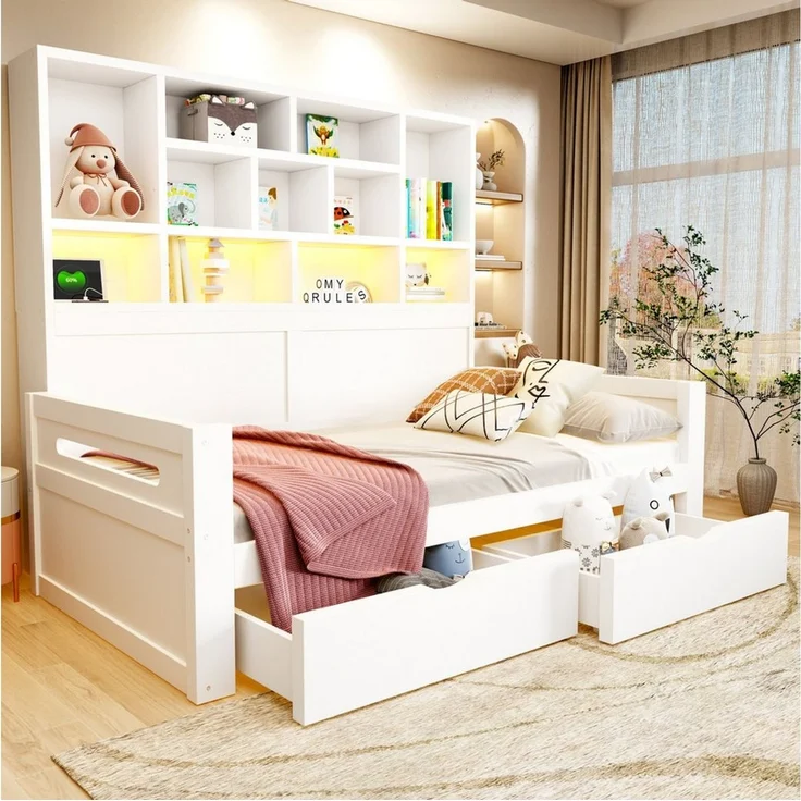 i@home Ausziehbett Schlafsofa 90 × 200 cm Einzelbett,Jugendbettgestell,Holzsofa Bett,Weiß (offenem Schrank), mit multifunktionalem Stauraum,LED-Beleuchtung, Steckdosen, Schubladen – Bild 1