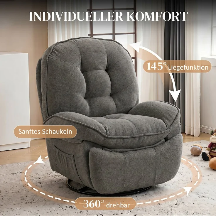 Wohnora-Relaxsessel Fernsehsessel mit Liegefunktion, Drehbarer Ruhesessel mit Wippfunktion, für Wohnzimmer, Schlafzimmer,H 1040cm x T 950cm x B 940cm,Hellgrau – Bild 5