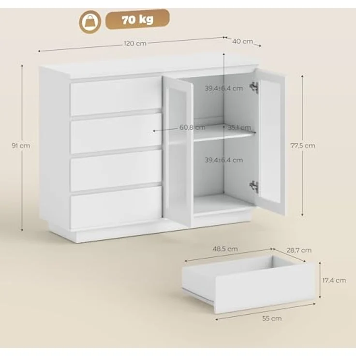 HOMCOM Sideboard Beistellschrank mit 4 Schubladen, 2 Türen (Aufbewahrungsschrank, 1 St, Küchenschrank), mit verstellbarem Einlegeboden, Weiß – Bild 3