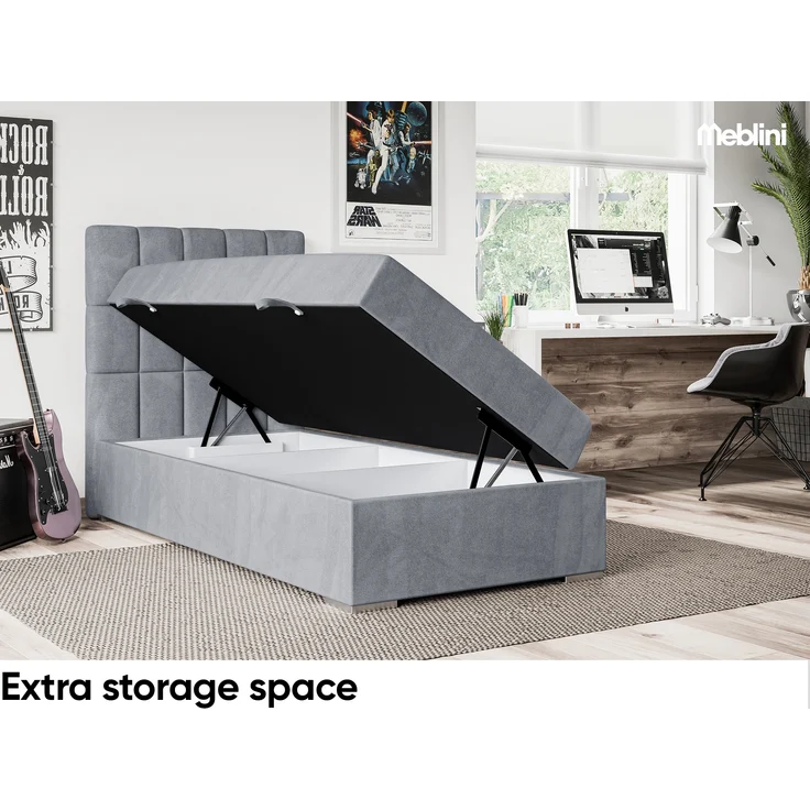 MEBLINI Boxspringbett LUKAS 100x200 cm mit Bettkasten - H3/Grau Samt Gepolstert Einzelbett mit Topper & Taschenfederkern-Matratze - 100x200 Links – Bild 5