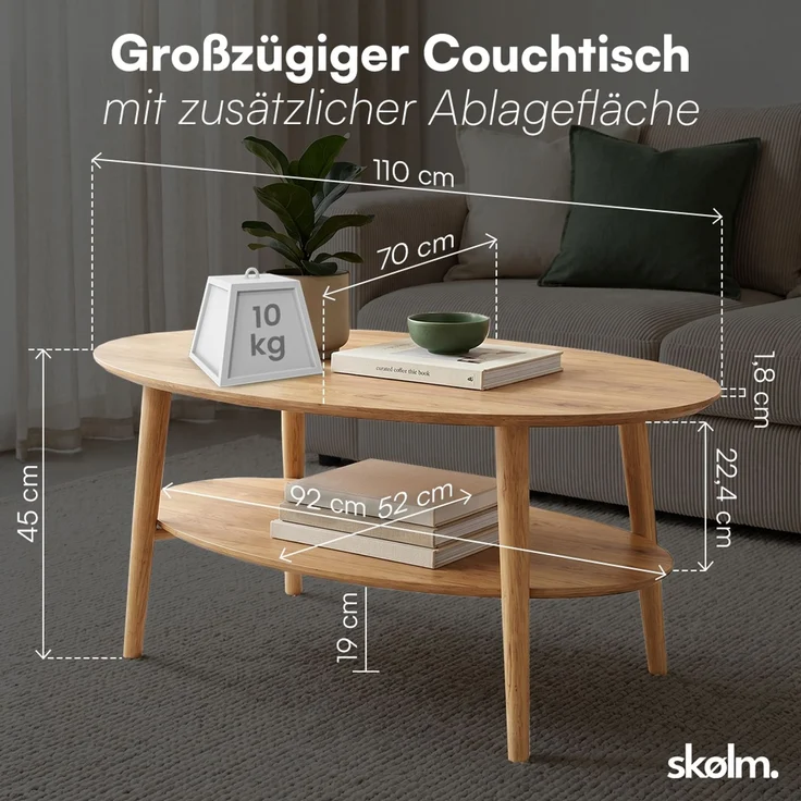 skølm 'Mjölnir' Couchtisch oval, Massivholz Eiche, natur geölt, Wohnzimmertisch 70x110 cm, Beistelltisch für Wohnzimmer mit Ablage – Bild 7
