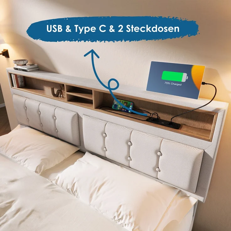 Polsterbett 140×200 cm mit verstellbarem Kopfteil,USB & Steckdosen,4 Schubladen,Leinenstoff beige,inklusive Matratze – Bild 7