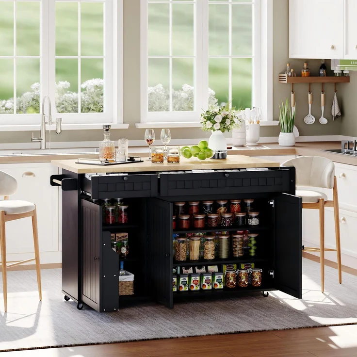 Merax Kücheninsel mit klappbarer Arbeitsplatte, Küchenschrank auf 6 feststellbaren Rollen, mit Ablage, Türregal, 2 großen Schubladen und Schrank, Schwarz, 137 x 89,5 x 45 cm – Bild 7