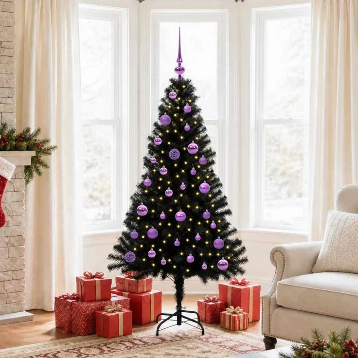 vidaXL Weihnachtsbaum mit LED-Beleuchtung Schwarz 150 cm PVC und Stahl 3396471 – Bild 1