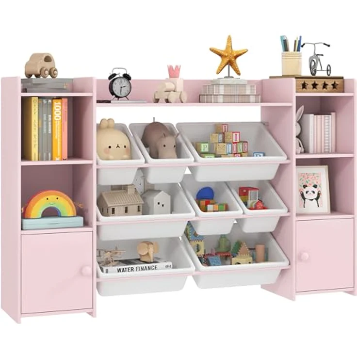 AIYAPLAY Kinderregal mit 8 herausnehmbaren Boxen, 4 offenen Fächern, 2 Schränkfach, Kinderregal 1-tlg, für Kinderzimmer, Spielzimmer, Wohnzimmer, 140 x 30 x 90 cm, Rosa – Bild 2