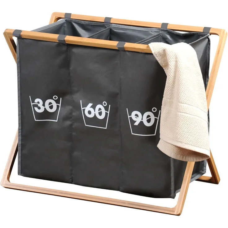 KESPER Wäschesortierer 19597 mit Rahmen aus Bambus und 3 Fächern / Wäschesammler / Waschsack
