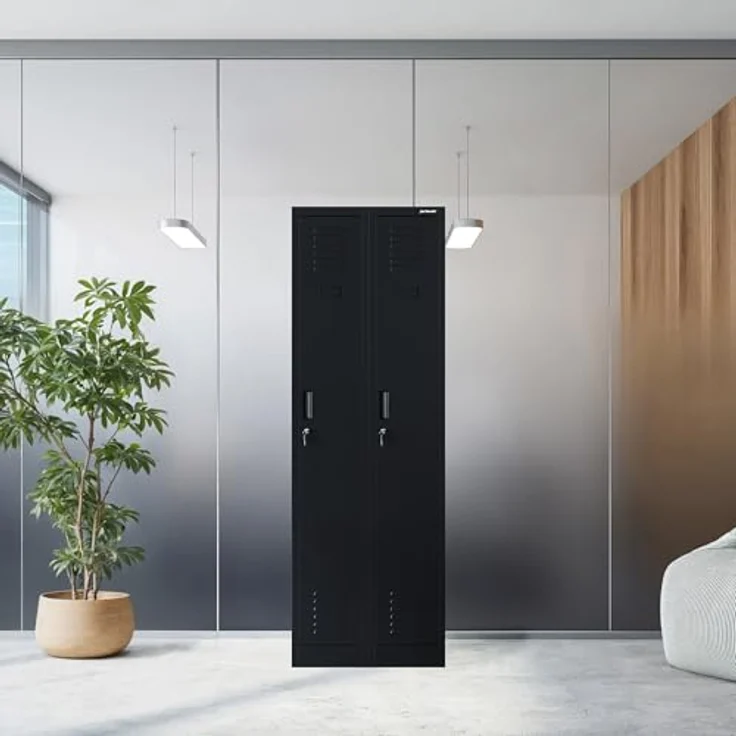 Jan Nowak Spind Schrank, Kleiderschrank, Metallschrank, Schließfachschrank | 2 Abteile mit Kleiderstange, Lüftungsschlitze, Trennwände, 4 Kleiderhaken pro Abteil | 180 cm x 60 cm x 50 cm | Schwarz – Bild 10