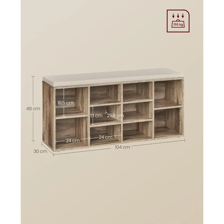 VASAGLE Schuhbank, Schuhregal mit Sitzfläche, Sitzbank mit Stauraum, gut gepolstert, Flurbank mit 10 Fächern, verstellbaren Ablagen, für Schlafzimmer, 30 x 104 x 48 cm, kamelbraun LHS010K02 – Bild 2