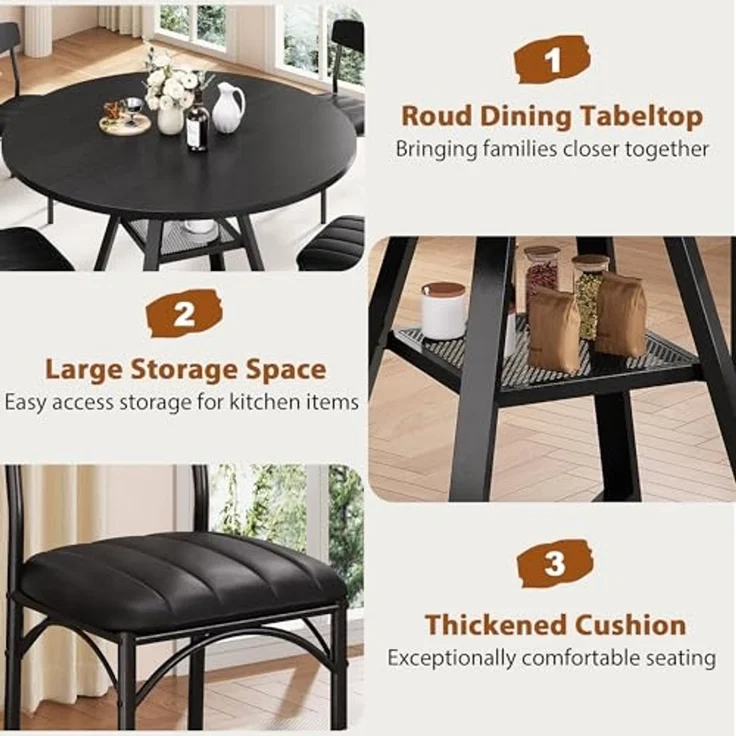 Jocoevol Runder Esstisch und 4 Esszimmerstühle Set, Essgruppe 5-Teilig, Esszimmertisch mit Ablage und 4 stühle, platzsparender Küchentisch aus Holz im Industrial Design (Schwarz, 120 x 120 x 76 cm) – Bild 6
