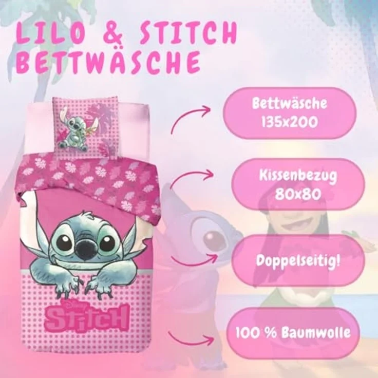 Lilo & Stich Wendebettwäsche - pinker Traum für kleine Fans, Kissen- und Deckenbezug 135x200 cm – Bild 2