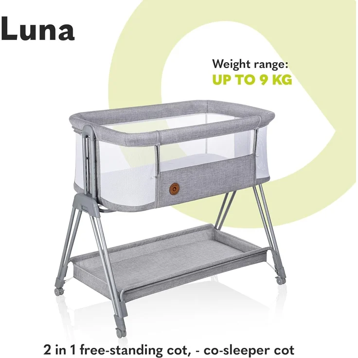lionelo Luna 2-in-1 Nachttisch für Babys von Geburt bis 9 kg, mit Verstellbarer Höhe und Neigung, 4 feststellbare Räder, tragbar, atmungsaktiv, Netzgewebe, waschbare Matratze und Bezugskorb – Bild 2