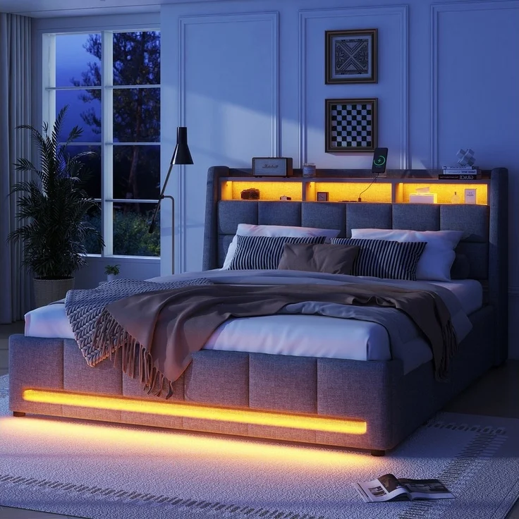 SOFTWEARY Stauraumbett mit LED-Beleuchtung (Lattenrost, 2 Schubladen, USB-Anschlüssen, 140x200 cm), Doppelbett mit Stauraum, Leinen – Bild 3