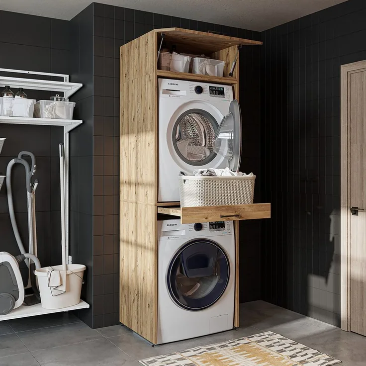 Roomart Waschmaschinenumbauschrank Waschplatz für Waschmaschine & Trockner mit Ausziehbrett & Hochschrank (Waschmaschinenschrank für Trockner und Waschmaschine Überbauschrank)