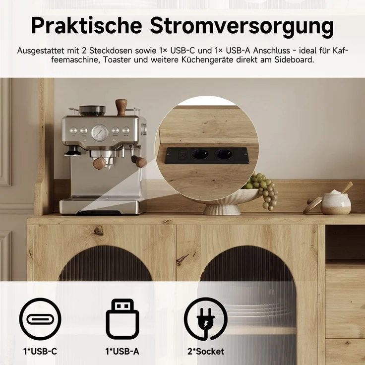 ZUBALIYA Buffetschrank 120 x 40 x 178 cm, mit Acrylglasfront, 2 Steckdosen, USB-A und USB-C, verstellbaren Einlegeböden, Holzfarben – Bild 6