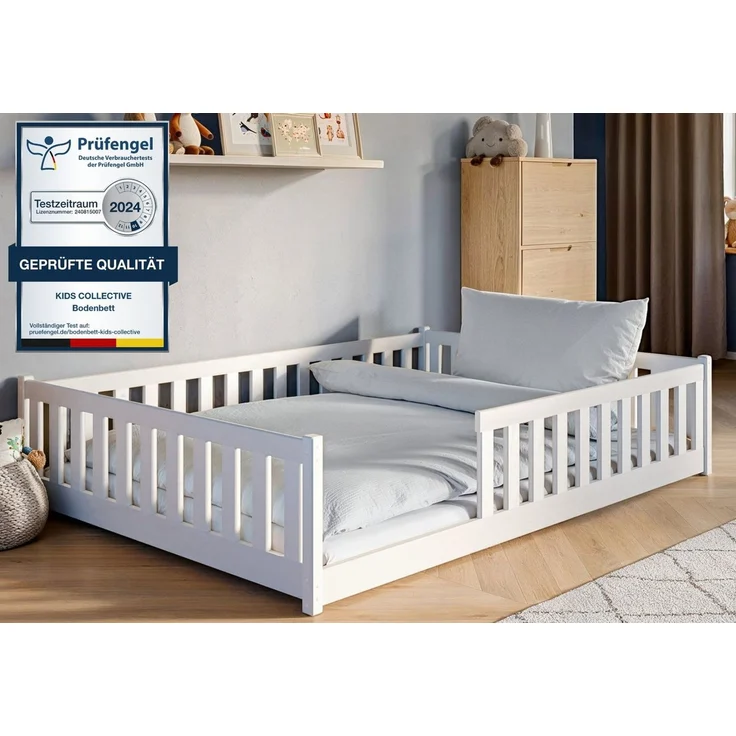 Kids Collective Kinderbett Bodenbett Bett mit Rausfallschutz & Lattenrost Montessori Bett Kinder (Jungen, Mädchen, Kinder, weitere Größen 80x160, 90x200, 140x200 cm), Gitterbett Jugendbett weiß mit Matratze Junge Mädchen 140x200cm – Bild 1