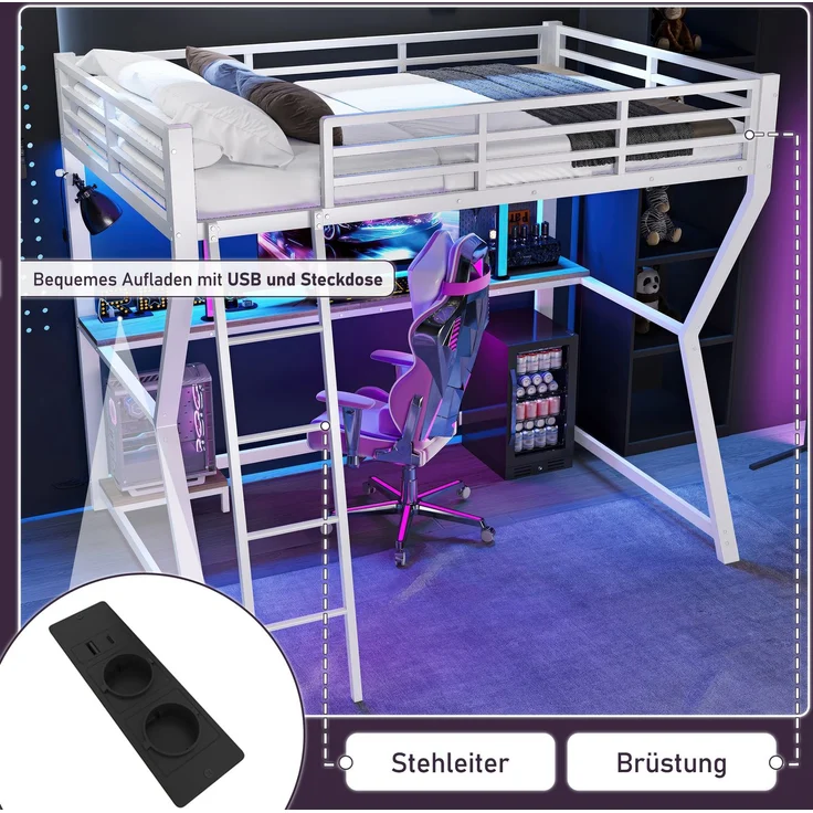 Hochbett, 90*200cm , Mit LED-Leuchten, Computerkonsolenablage, Schreibtisch, Steckdose+USB, Geländer, Treppe, ohne Matratze, Weiß – Bild 5
