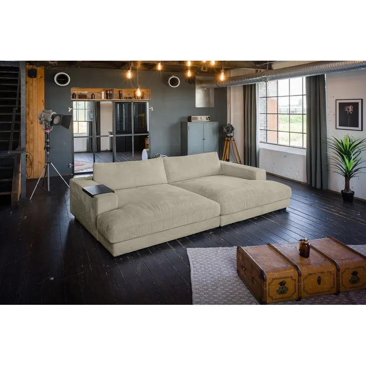 KAWOLA Big Sofa XL MADELINE mit Holztablett schwarz für Armlehne Cord steingrau 85 x 190 x 290 cm