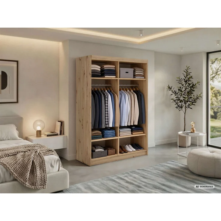 Schwebetürenschrank NAURU mit Lamellen-Optik, moderner Kleiderschrank, Breite 150 cm, inkl. Innenausstattung & Stauraum, Akustikpaneel-Design - Eiche Artisan und Schwarz – Bild 3