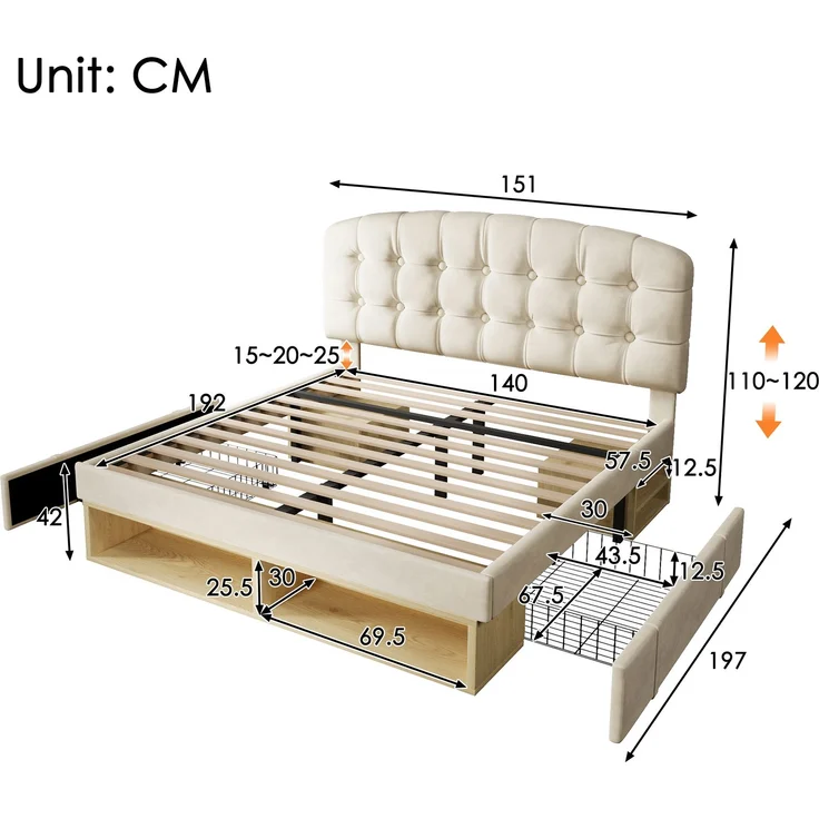Merax Doppelbett 140x190 cm, Polsterbett mit Lattenrost, Bettgestell mit gebogenem höhenverstellbarem Kopfteil, Bett mit Schubladen und Stauraum, Samt, Beige – Bild 4