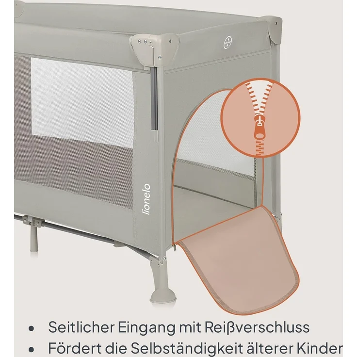 Lionelo Ellen 3 in 1 Reisebett von 0 bis 3 Jahren, Beistellbett für Neugeborene und ältere Kinder bis 15 kg, 2 Matratzenhöhen, Befestigungsgurte, seitlicher Reißverschluss, 2 Rollen, Tasche – Bild 5
