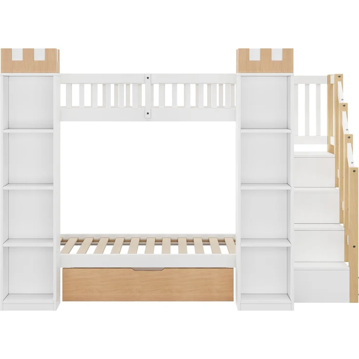 Etagenbett mit 2 Liegeflächen à 90×200 cm, Rausfallschutz und Stauraumtreppe, Weiß, ohne Matratzen – Bild 10