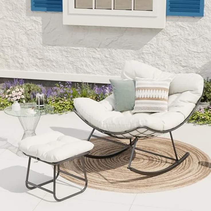 GarveeHome Schaukelstuhl Oversized mit Fußhocker, Schaukelsessel mit dickem Kissen & Metallrahmen, Relaxsessel für Poolside, Garten und Hinterhof, Tragfähigkeit – Bild 9