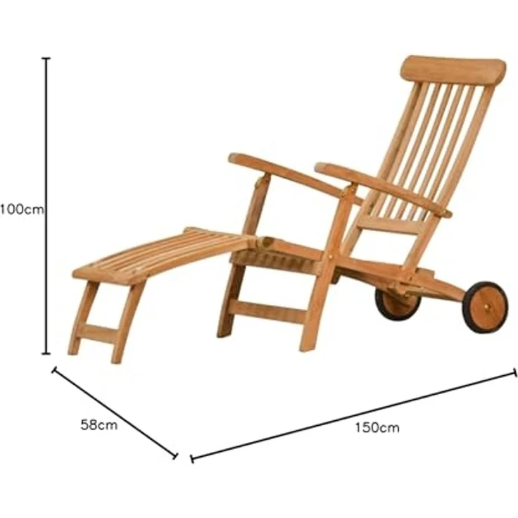 Kai Wiechmann Gartenliege Hochwertiger Teak Deckchair mit Rad als wetterfester Liegestuhl, verstellbarer Teak Relaxsessel mit Fußablage – Bild 3