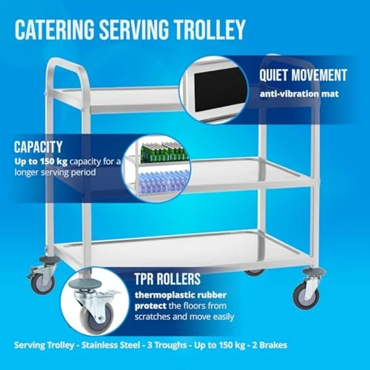 Royal Catering Servierwagen 3 Borde Edelstahl Teewagen Küchenwagen 4 Räder 2 Bremsen Waagen – Bild 2